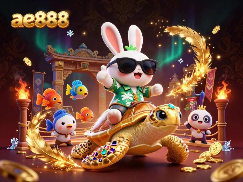 Engage with ae888's vibrant 3D casino illustration, showcasing a lucky rabbit, golden turtle, and exciting gambling elements.
