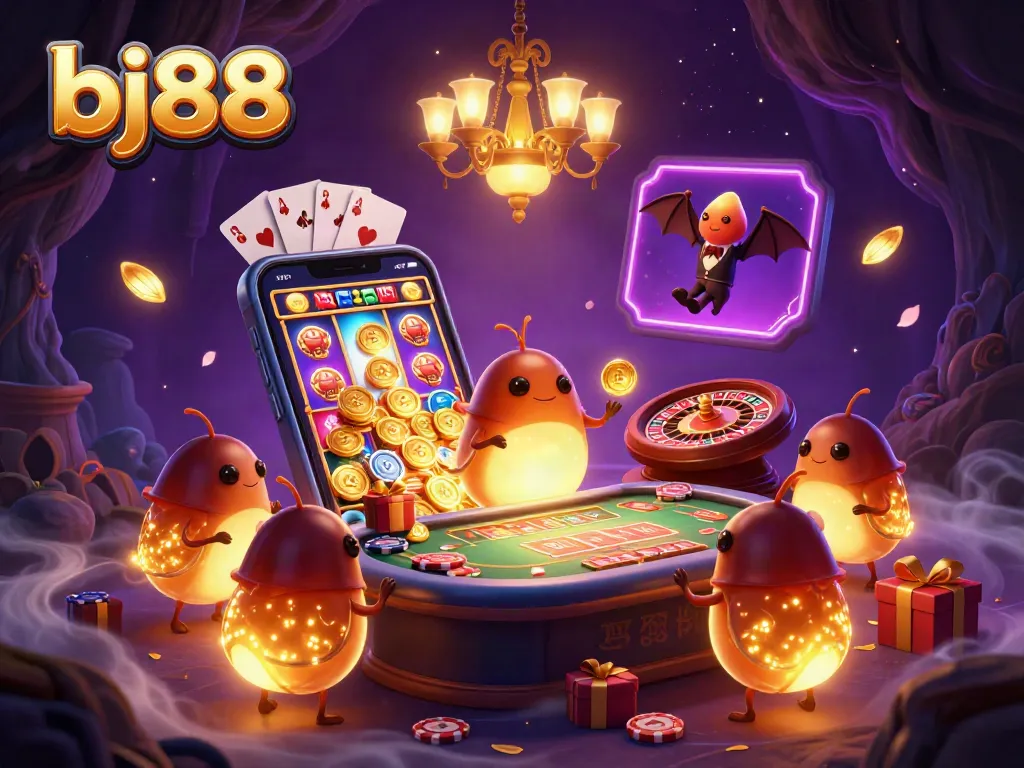 Engage in thrilling games at bj88 featuring a vibrant casino scene with animated glowworms.