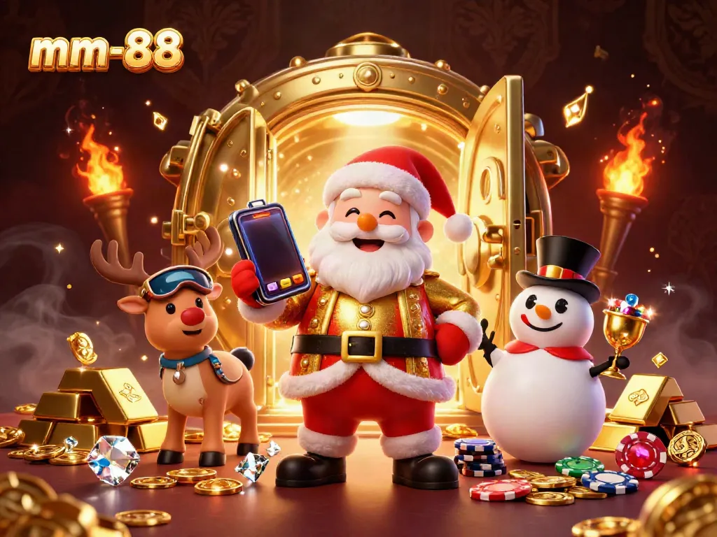 Experience mm-88 excitement with Santa and friends in a vibrant casino scene filled with treasures.