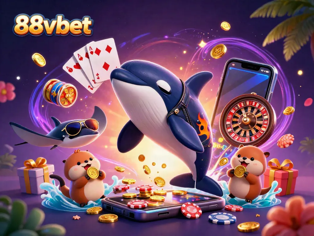 88vbet showcases an exciting casino scene with unique characters and slot game elements.