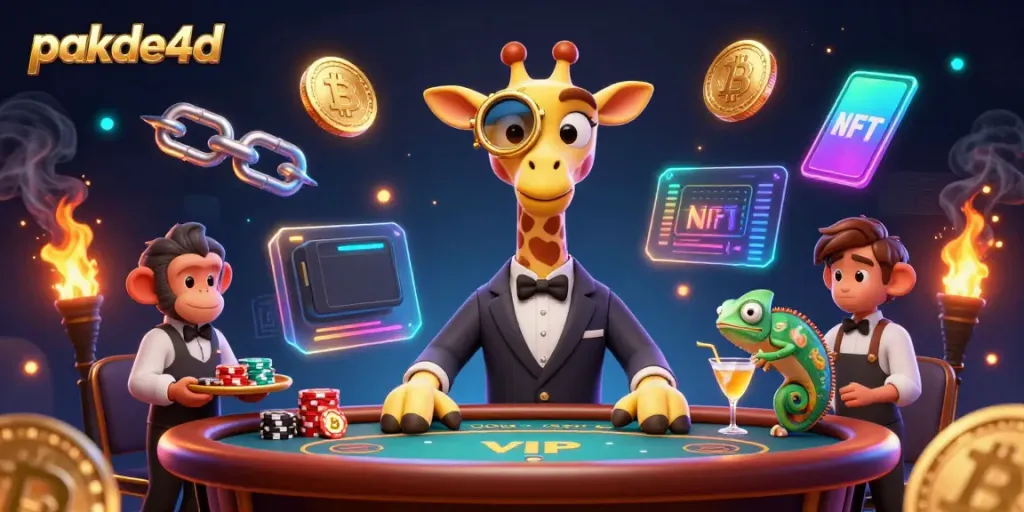 Experience the excitement of pakde4d with a high-roller giraffe at a VIP poker table, surrounded by crypto coins.