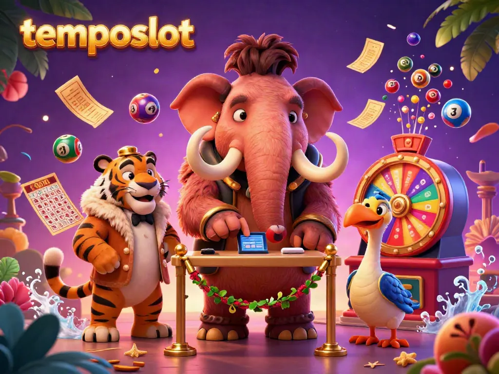 Experience the excitement of temposlot with a cartoon-style casino scene featuring a mammoth doorman, a saber-tooth VIP, and dynamic game elements.
