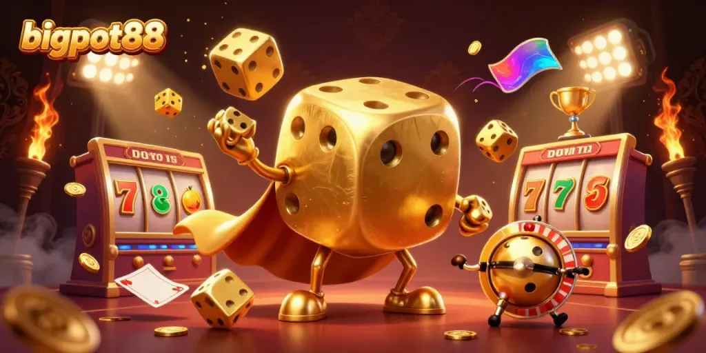 Experience bigpot88 with an ultra-detailed 3D visual of a golden dice golem in a lively casino scene.