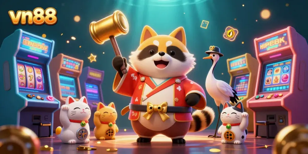 Experience the excitement of vn88 with cheerful characters celebrating lucky wins in a vibrant casino scene.