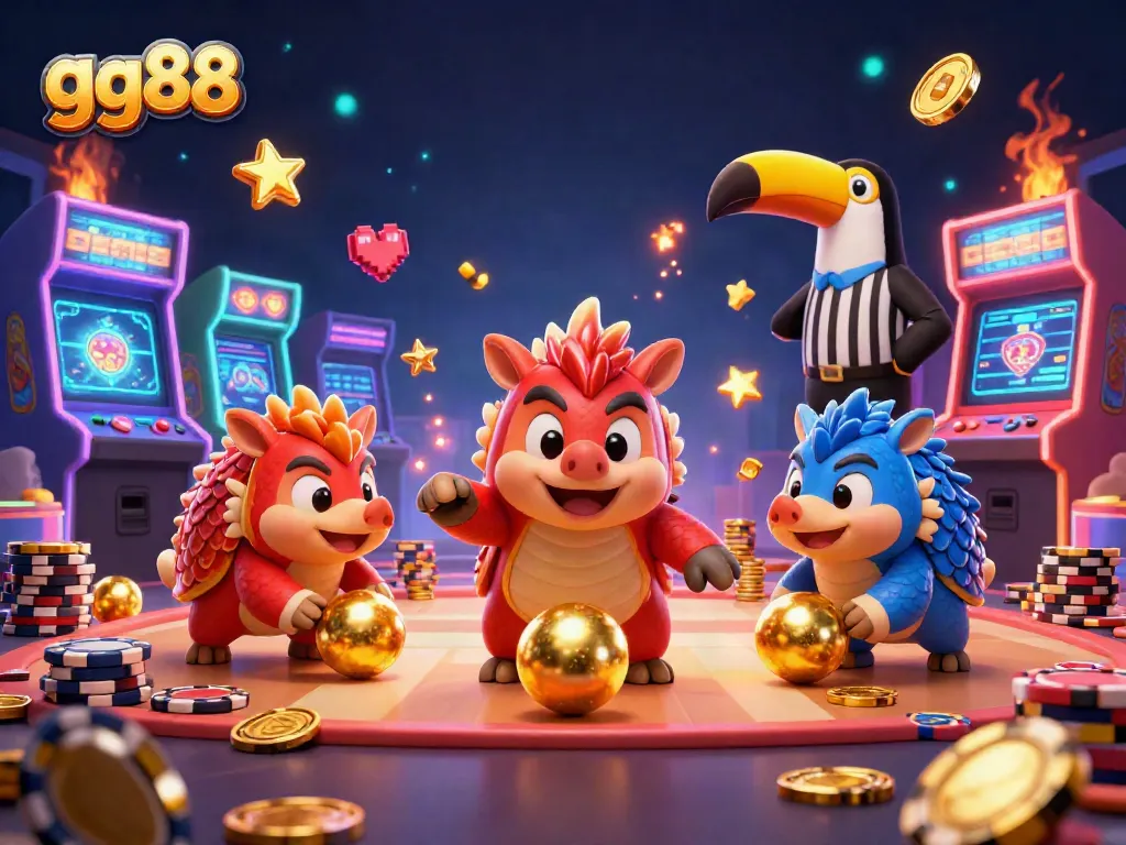 Spin and win with gg88 in a vibrant casino-themed scene featuring rival pangolins and colorful games.