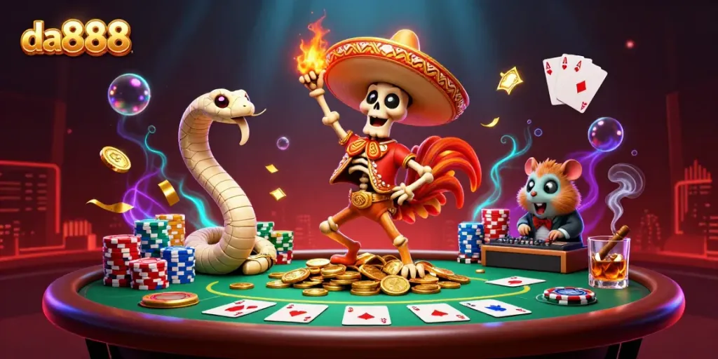 Join the fun at da888 with this vibrant casino illustration featuring gaming excitement and golden treasures.