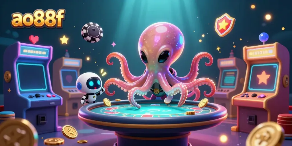 Engage with the alien octopus at the ao88f holographic poker table, surrounded by dynamic casino elements.