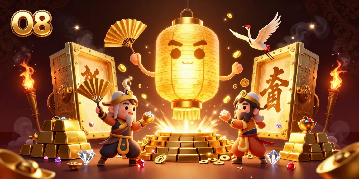 O8 casino featuring a golden lantern spirit and warriors amidst golden treasures, illustrating excitement.