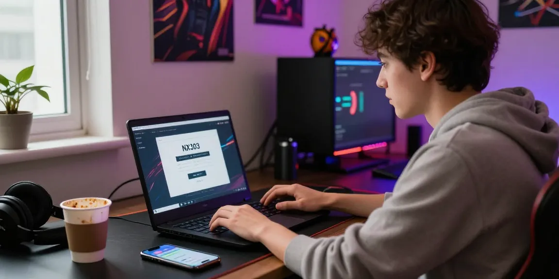Engaging user experience with NX303 link alternatif on a laptop in a vibrant gaming setup.