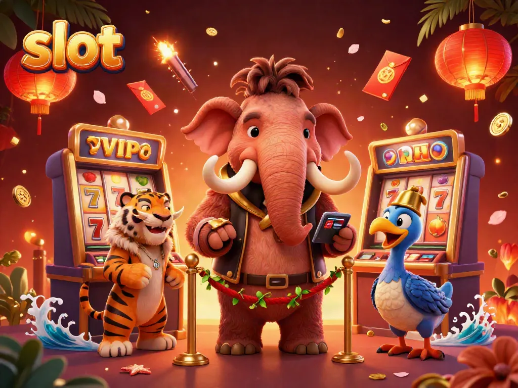Engage with a vibrant scene of slot machines and whimsical characters in a casino setting.