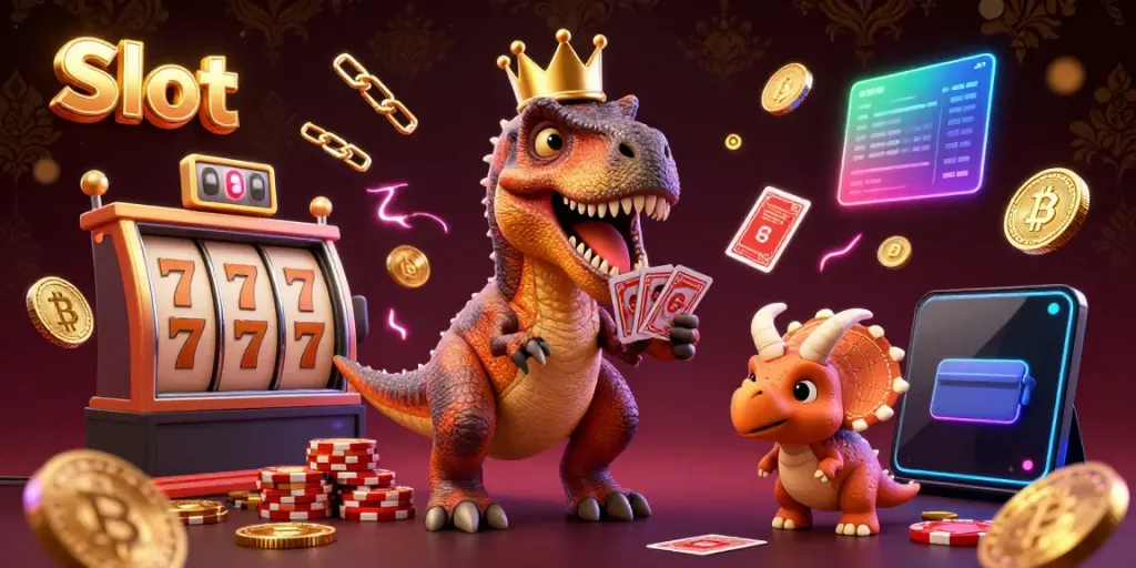 Spin slot machines with a friendly dinosaur trio in a vibrant casino-themed 3D illustration.