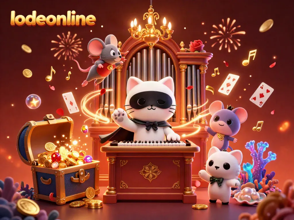 Experience the excitement of lodeonline with a playful casino-themed illustration featuring a phantom cat and mouse acrobat.
