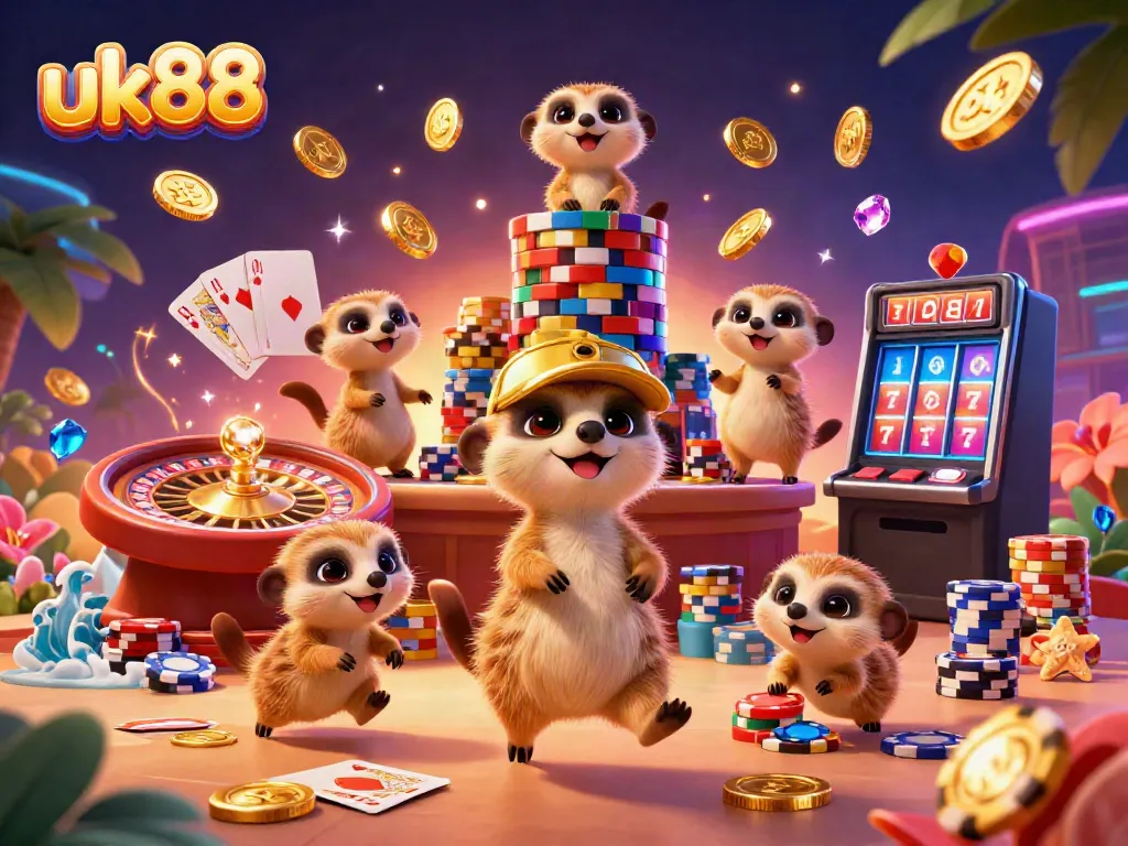 Experience excitement at uk88 with a lively meerkat-run casino scene featuring colorful chips, cards, and rewards.