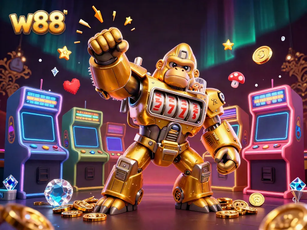 w88 slot machine-inspired transformation, featuring a golden gorilla mech and vibrant casino elements.