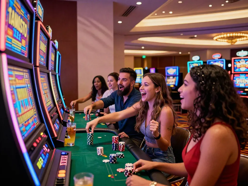 Lucky777 casino game scene with friends enjoying slot machines and vibrant ambiance.