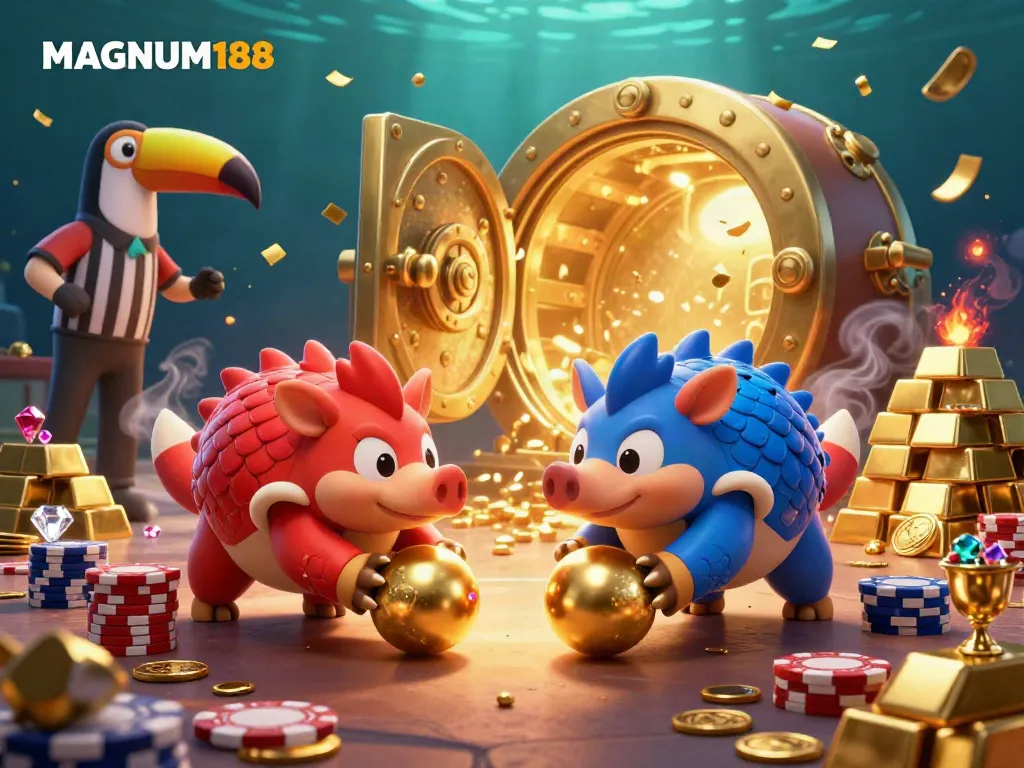 Engaging scene with MAGNUM188 pangolins bowling through poker chips in a lively casino atmosphere.