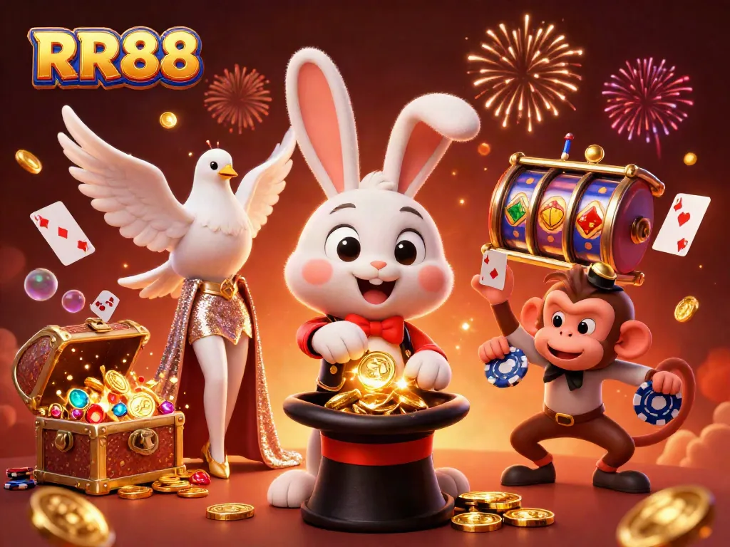 Experience the thrill of RR88 with a whimsical scene featuring a magician rabbit and friends drawing in riches with excitement.