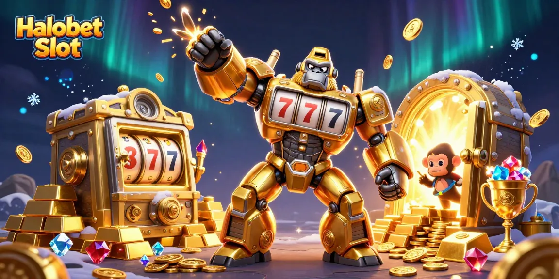 Experience big wins with Halobet Slot featuring a golden gorilla mech and treasure elements!