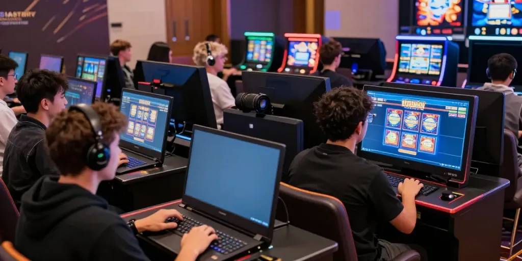 Engaged players enjoying bro138 online slot games in a vibrant casino atmosphere.