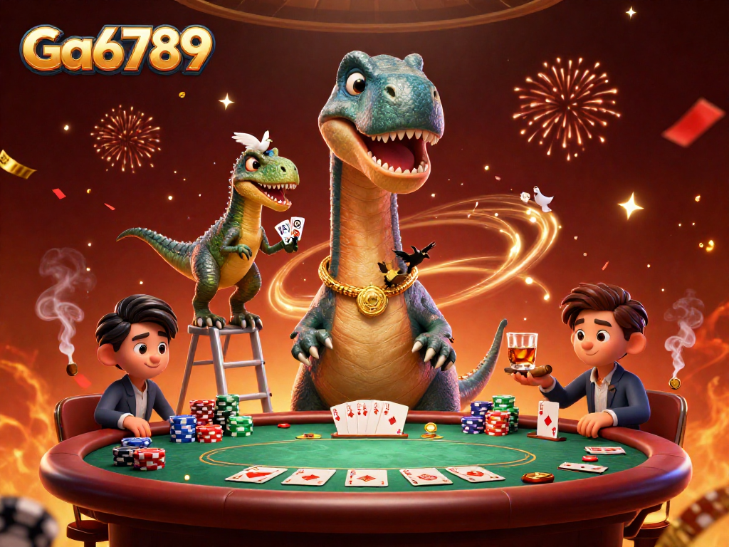 Engage in exciting poker action with Ga6789, featuring vibrant 3D characters and casino elements.