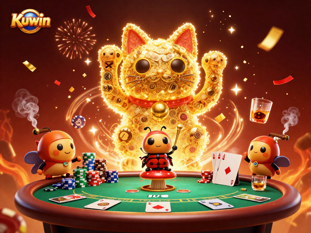 Experience Kuwin’s exciting gaming universe with golden fireflies, a lucky cat, and vibrant casino elements.