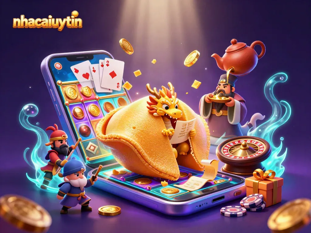 Spin reels with nhacaiuytin's dragon guardian and golden fortune cookie in magical casino scene.