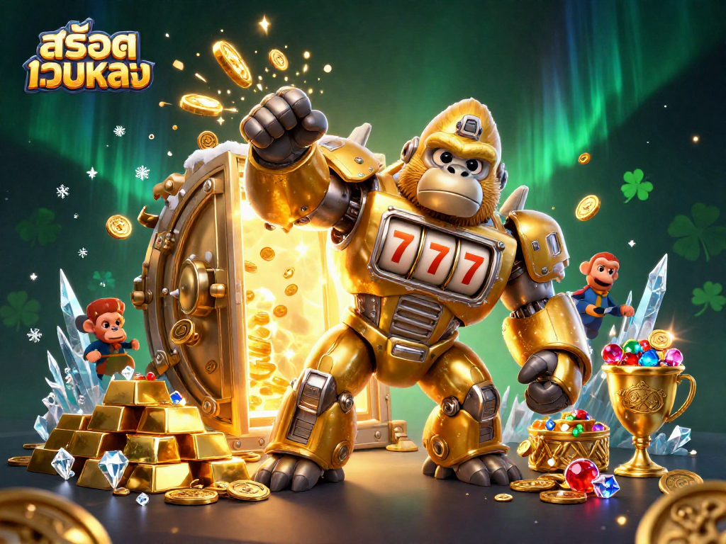Play สล็อตเว็บตรง with a thrilling 3D illustration featuring a golden gorilla mech and treasure elements.