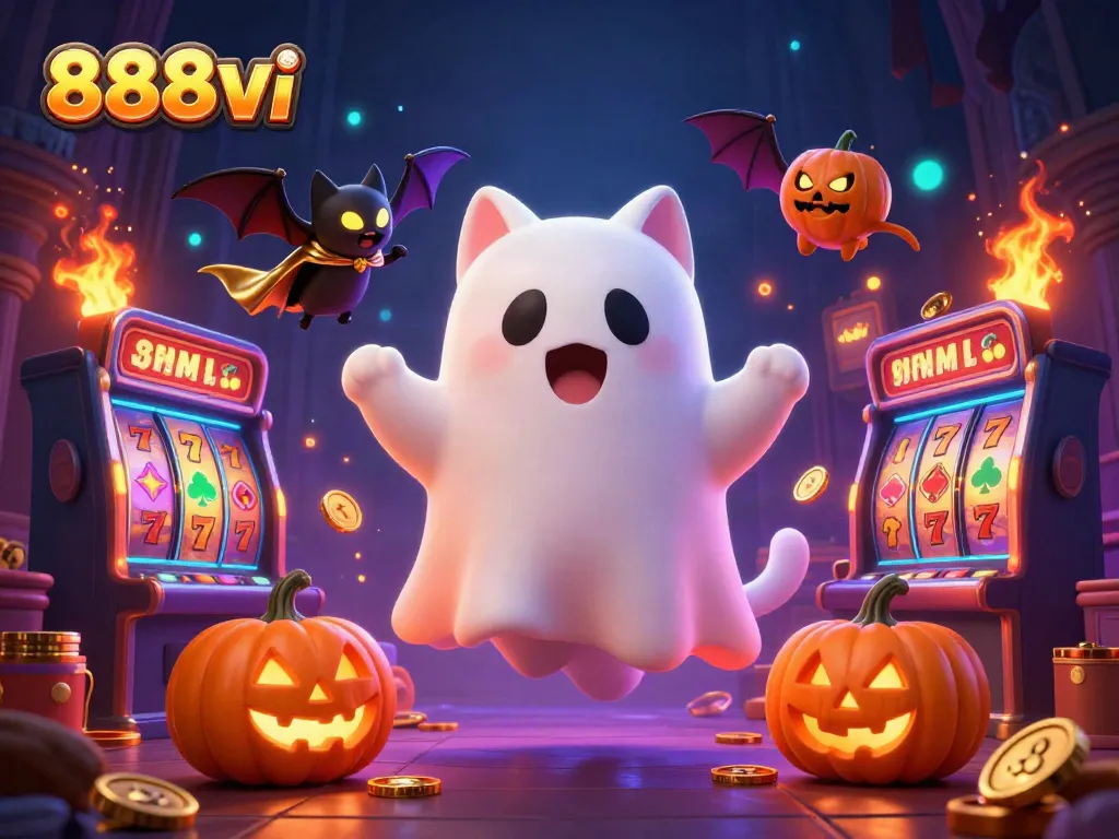 Engage in thrilling slot gameplay at 888vi with a fun, fantastical scene of casino elements and characters.