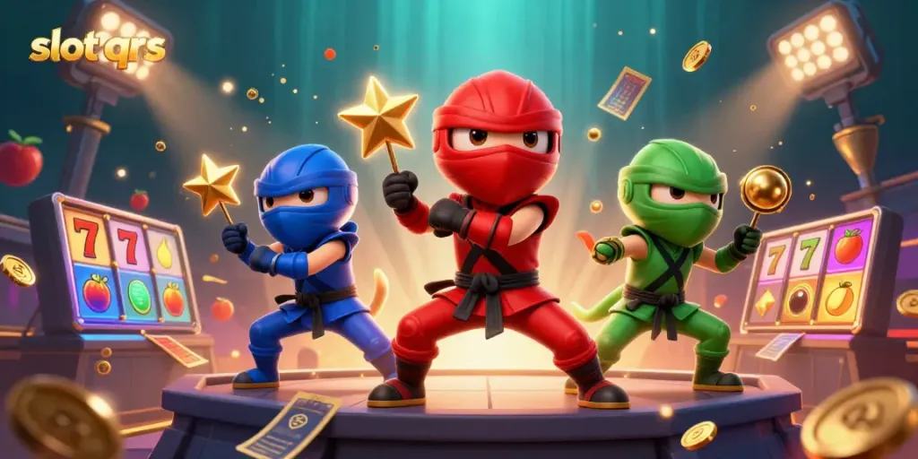 Engage with thrilling slot qris action featuring a ninja chameleon team in dynamic poses amidst casino elements.