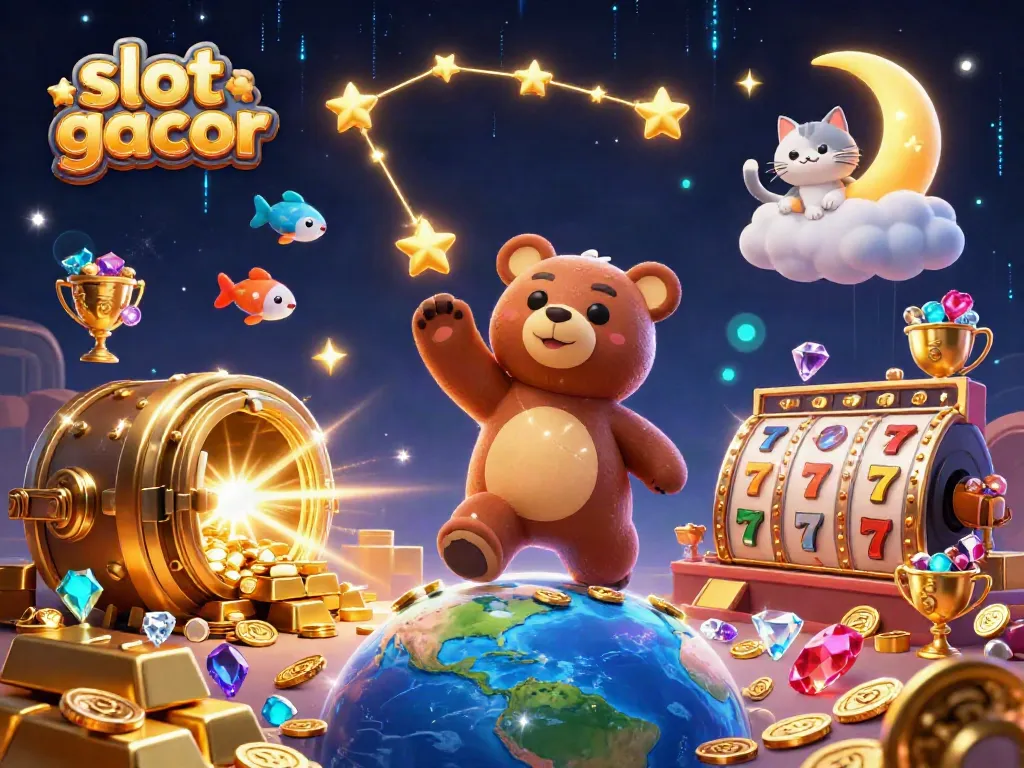 Gambarkan slot gacor dengan beruang bintang, ikan jatuh, dan kucing bulan di kasino.