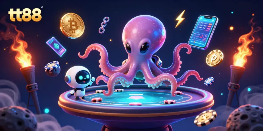 Experience thrilling gaming action at tt88 with a dynamic poker scene featuring alien characters and cryptocurrency elements.
