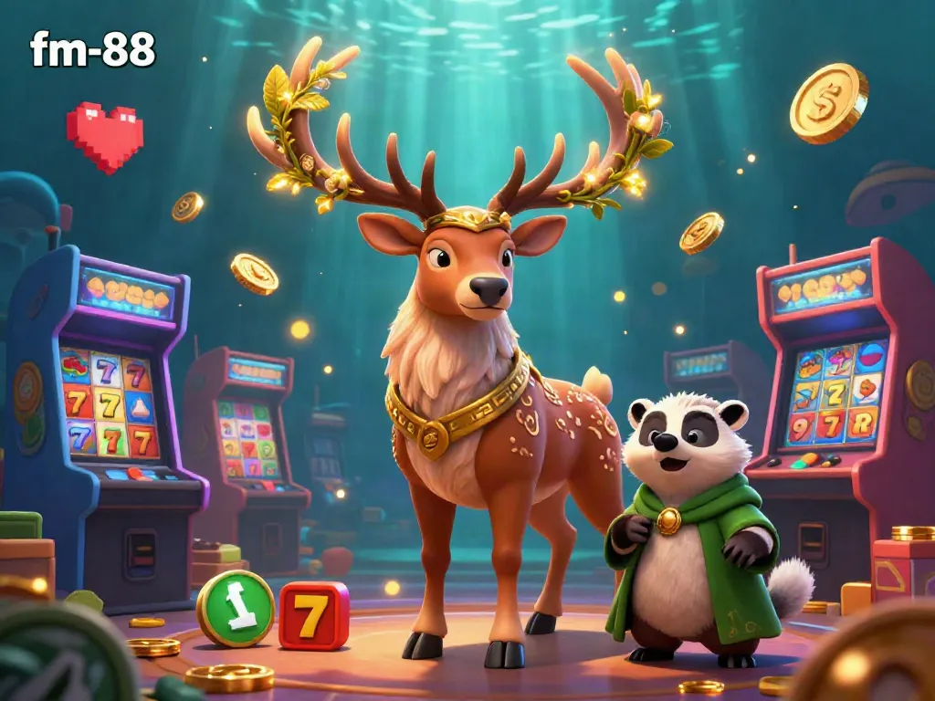 Experience the enchanting atmosphere of fm-88 with a vibrant Celtic druid stag and jackpot symbols.