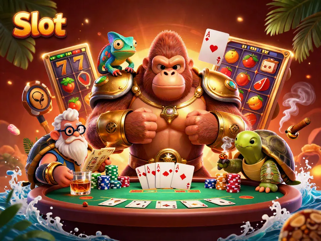 Engaging Slot scene with a gorilla king, chameleon, and tortoise amidst vibrant symbols.