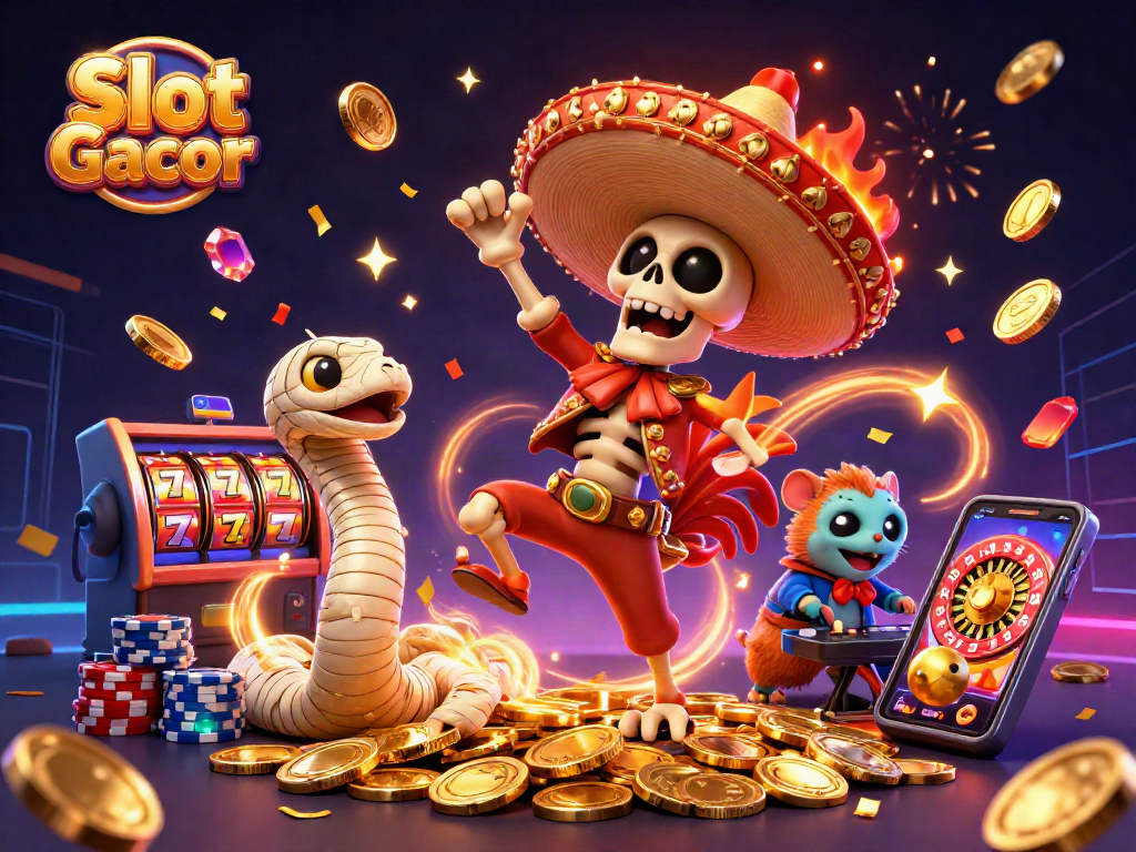 Slot Gacor showcases a festive scene with a dancing skeleton mariachi on gold coins, vibrant casino elements.