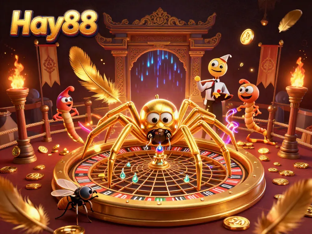 Experience thrilling bets at Hay88 with a golden spider and lively characters in a vibrant casino scene.