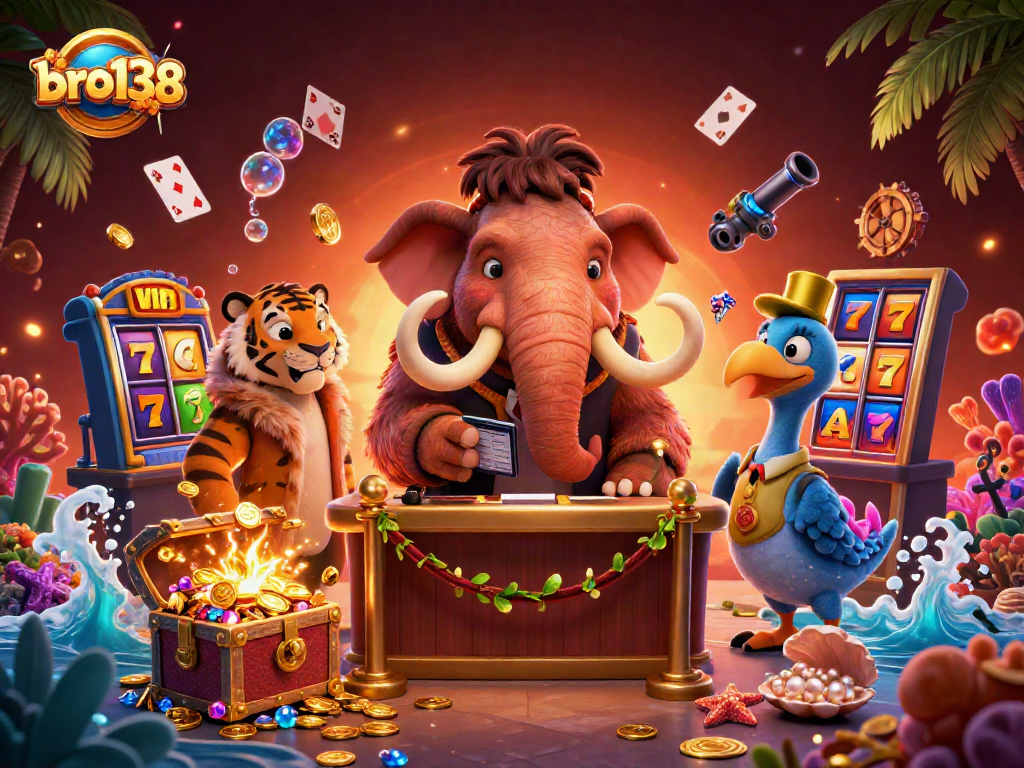 Experience exciting gaming at bro138, featuring vibrant slot reels and dynamic 3D characters.