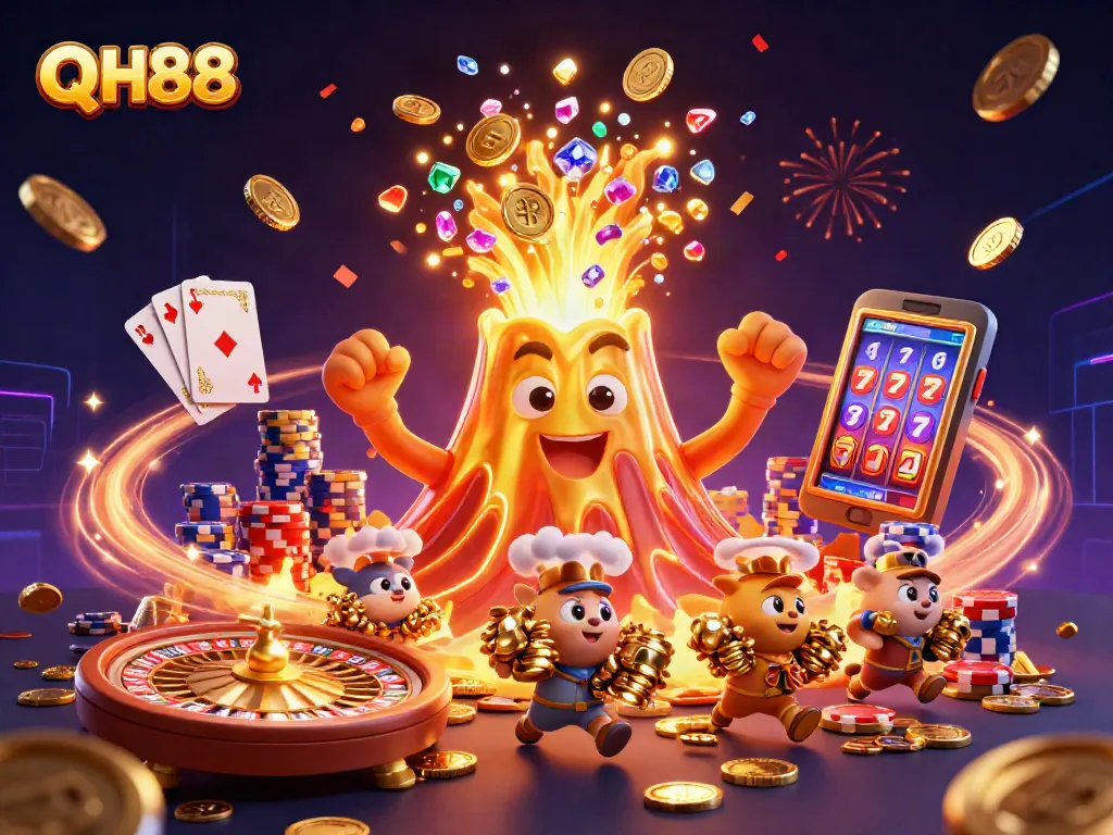 Engage with QH88's vibrant gaming world, featuring a triumphant volcano and treasure-filled adventure.
