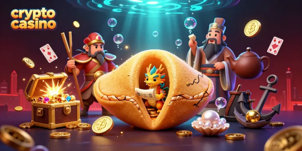 Engage in the excitement at a crypto casino illustrated by a vibrant scene filled with golden treasures and whimsical characters.