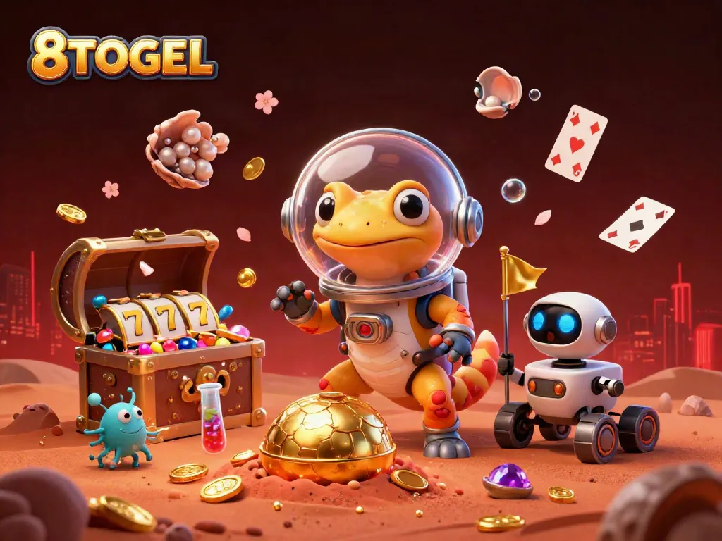 Gambarkan suasana permainan menarik di 8TOGEL dengan karakter Martian gecko dan elemen slot judi.