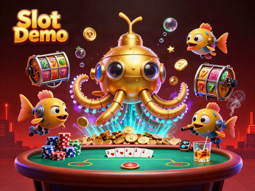 Engage with the Slot Demo experience featuring a vibrant underwater casino scene with a golden kraken submarine.