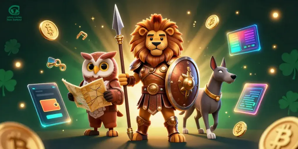 Engage with an online casino New Zealand image showcasing a heroic Spartan lion and casino-themed elements.
