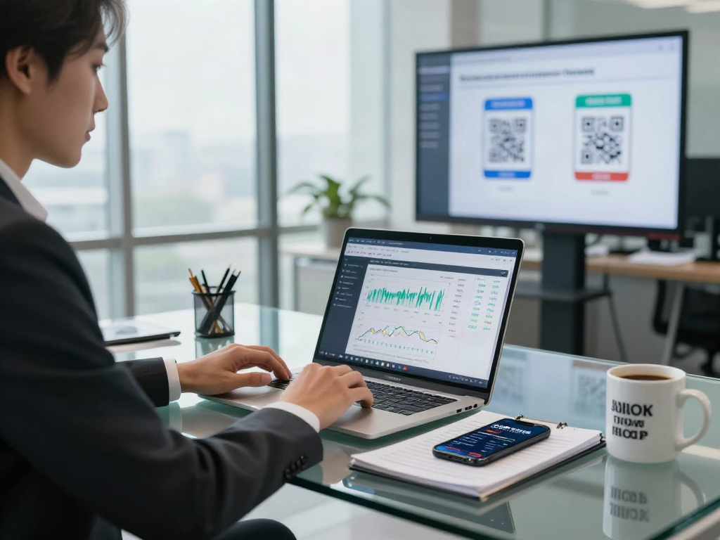 Focused financial analyst examines slot qris 5000 data in a sophisticated office.