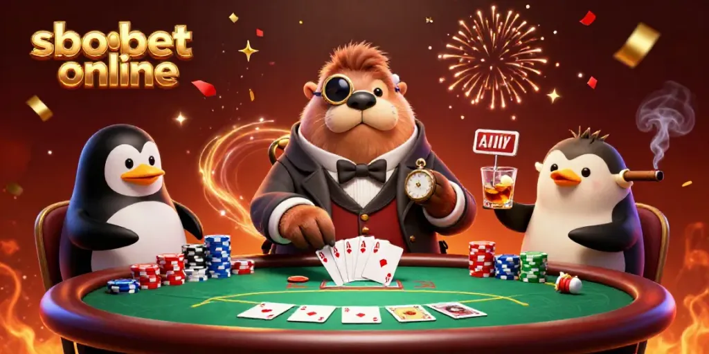 Engage in sbobet online gambling with a jolly walrus at an underwater poker table against a vibrant backdrop.