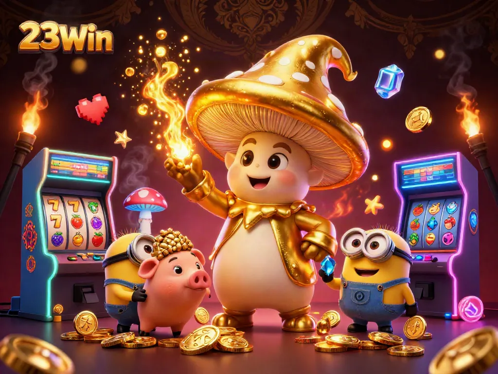 Experience thrilling gameplay with 23Win in this vibrant casino illustration featuring magical elements and slot symbols.