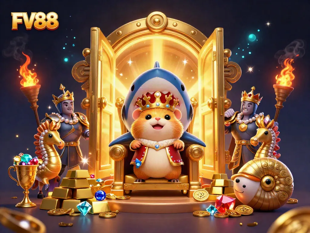 Experience the excitement of FV88 with a golden hamster king and treasure in a dynamic casino scene.