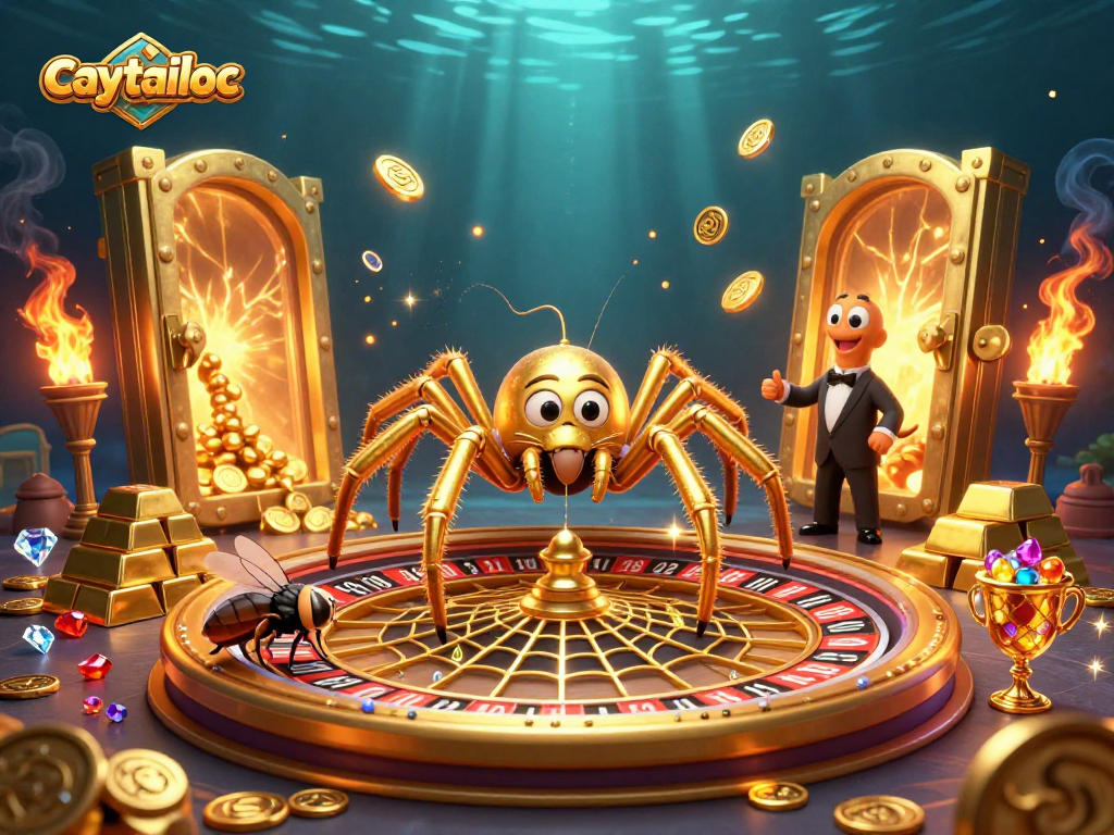 Experience the excitement of caytailoc with a 3D illustration of a spider spinning a roulette wheel.
