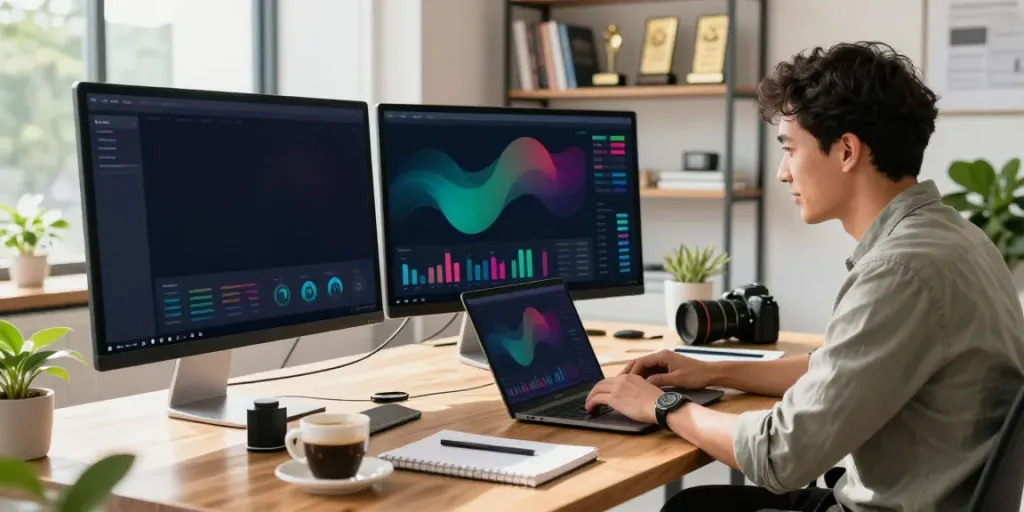 Entrepreneur analyzing peh888 sales data in a modern e-commerce workspace.