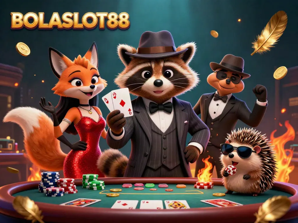 BOLASLOT88 showcases a raccoon, fox, and hedgehog in an animated casino scene, enhancing gambling excitement.