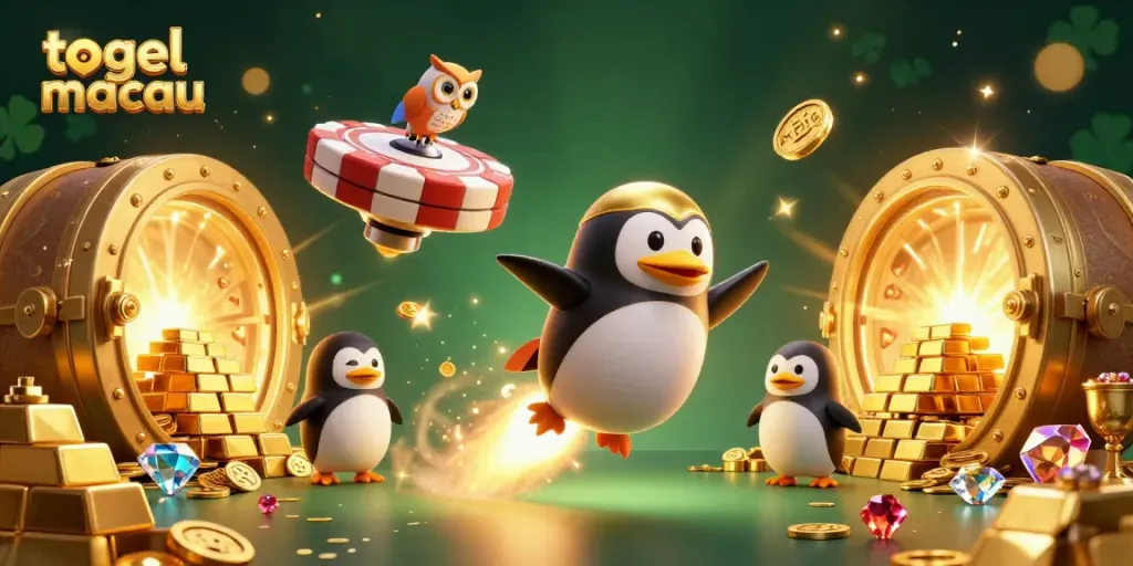 Engage in togel macau with a vibrant 3D illustration of a golden penguin racing through space toward a casino.