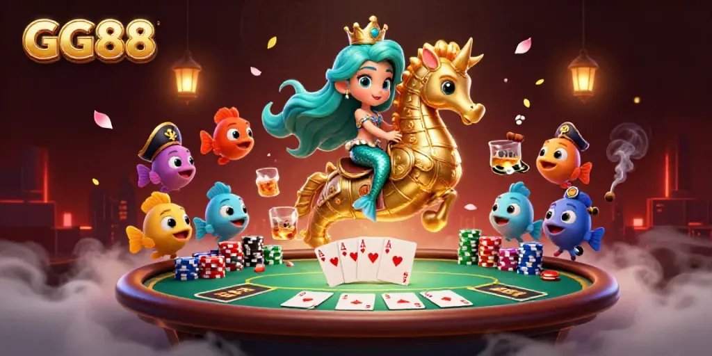 Experience GG88 in a vibrant casino world with a mermaid princess on her seahorse beside colorful poker elements.